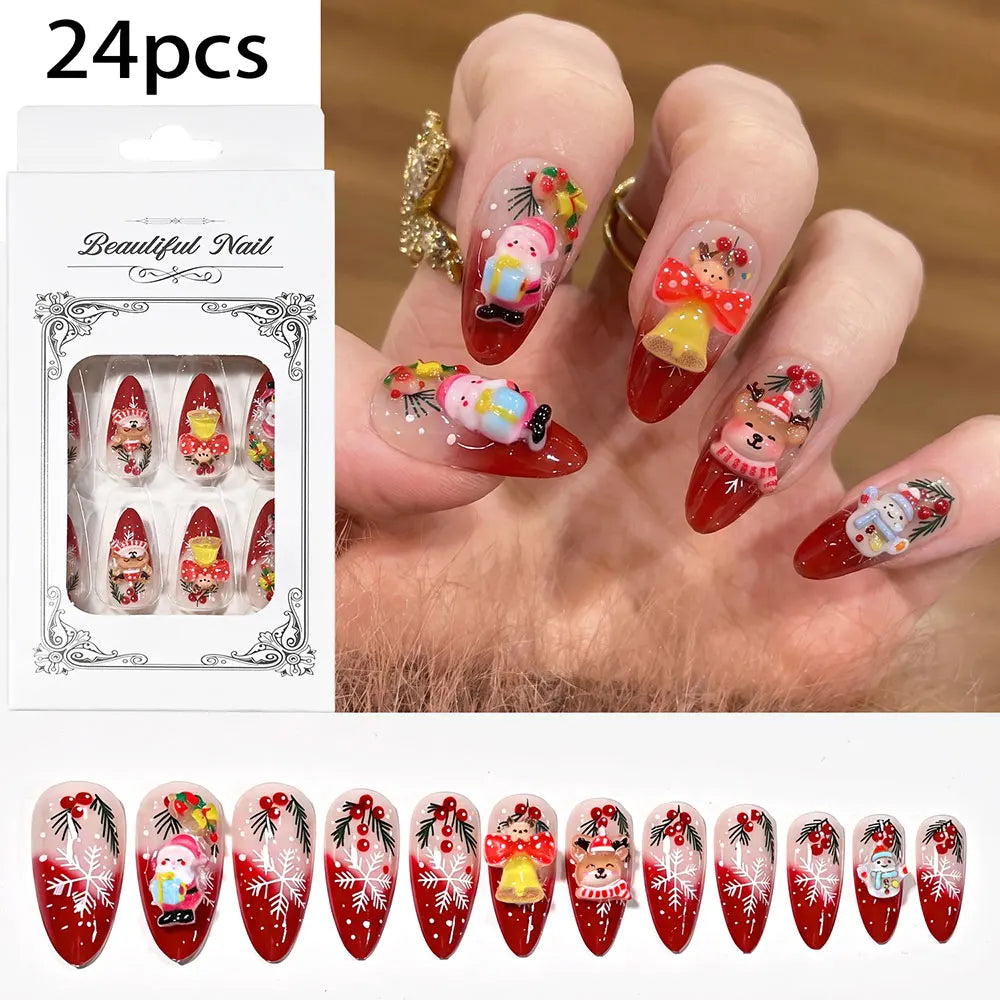 Christmas Theme - Red French Santa Snowman Press-On Nails — 24-Pieces