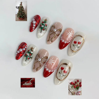 Christmas Theme - Red Glitter Leaf Press-On Nails — 24-Pieces
