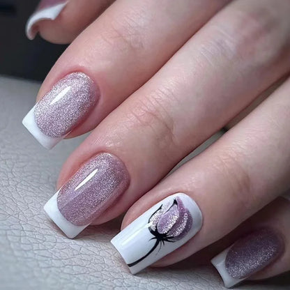 24-Piece Mid-Length Square Peach Blossom Press-On Nails – Shiny Powder & Rhinestone