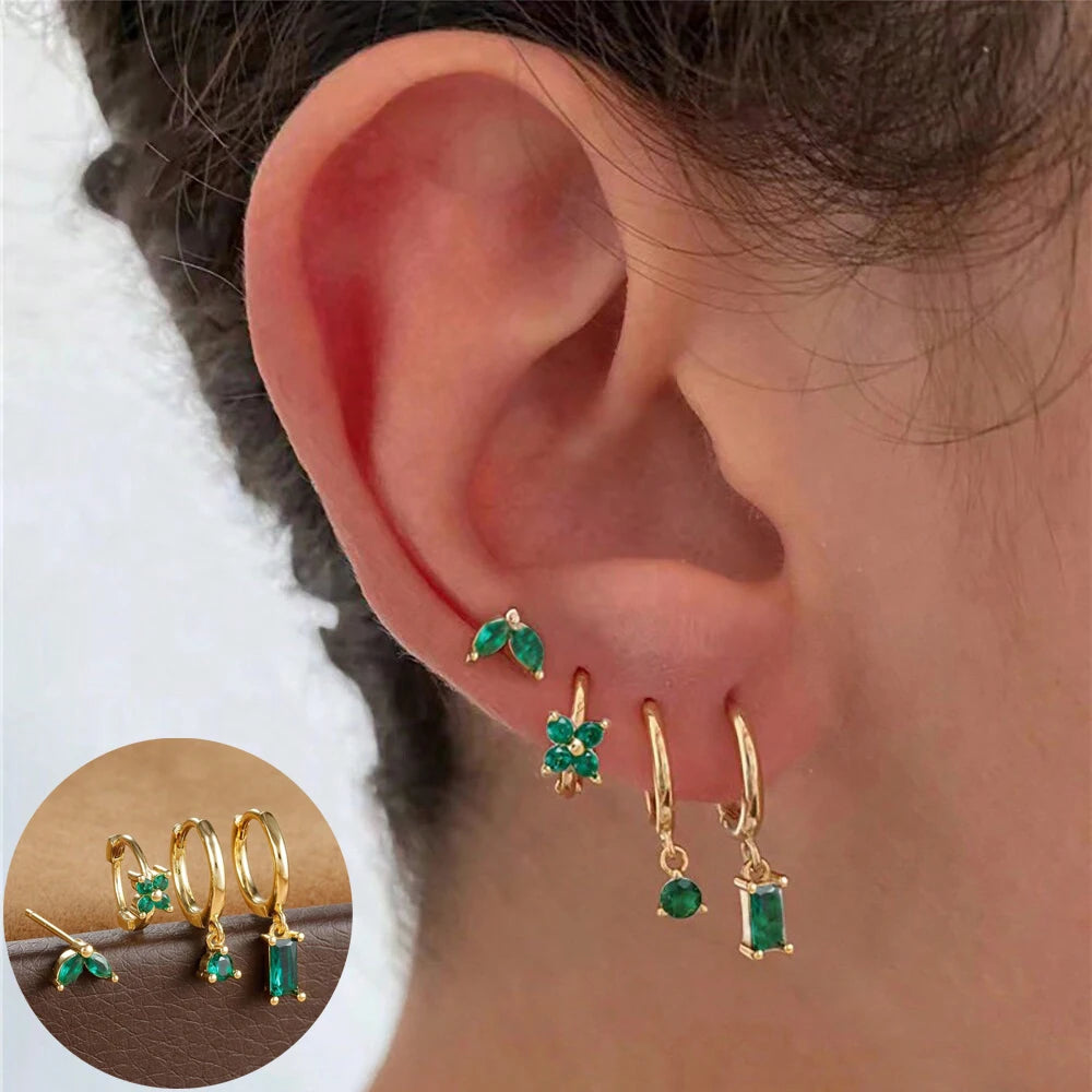 Cubic Zirconia Flower Hoop Earring Studs- 4 Piece