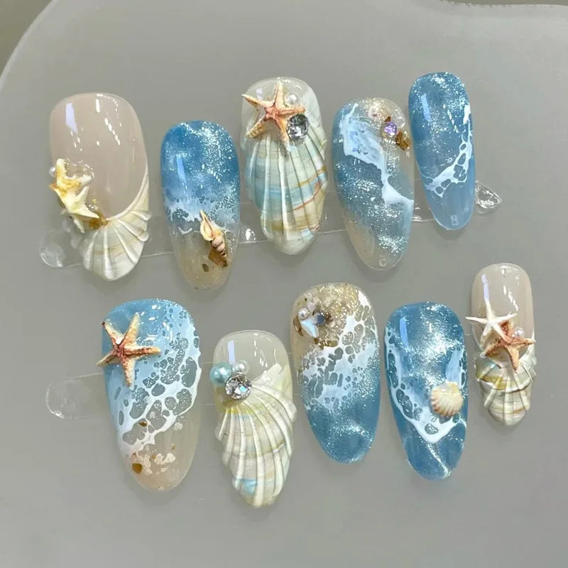 French Almond Beach Theme Press On Nails 24-Piece