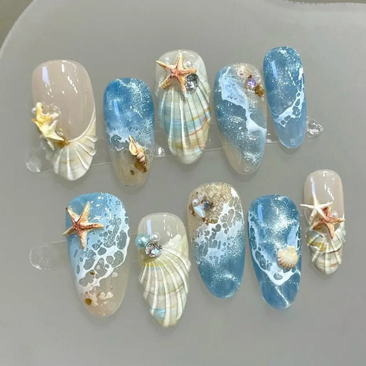 French Almond Beach Theme Press On Nails 24-Piece