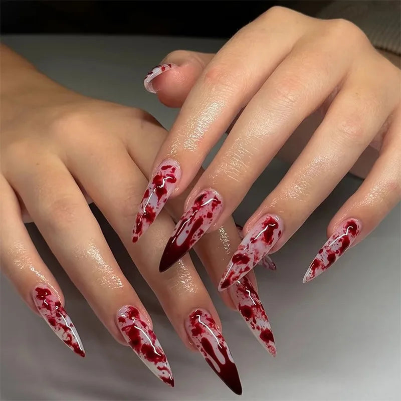 Halloween theme - Long Almond Red Cat’s Eye Press-On Nails – Spider Web Design 24-Piece