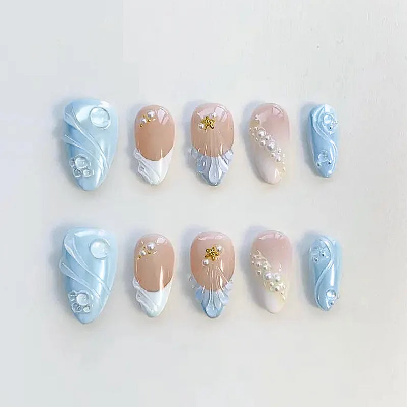 24-Piece Mid-Length Almond Yellow French Press-On Nails – 3D Flower & Pearl