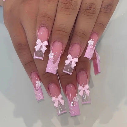 24-Piece Long Square White Edge French Press-On Nails – Full Cover
