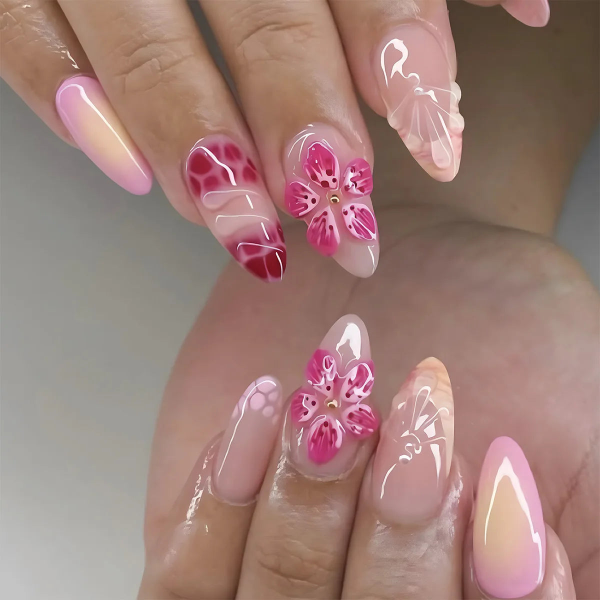 French Almond Press-On Nails-Flower & Star Design-24-Piece