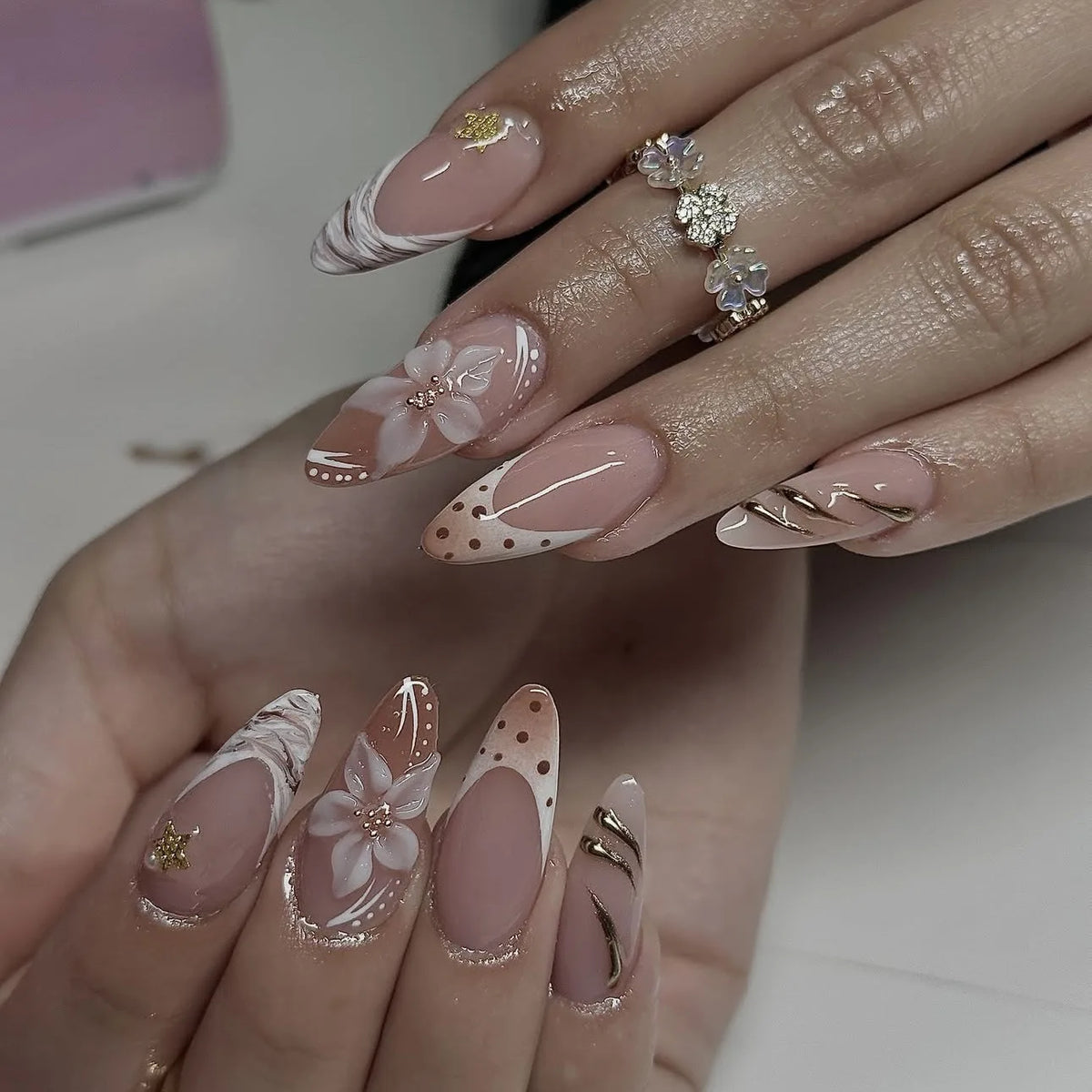 French Almond Press-On Nails-Flower & Star Design-24-Piece