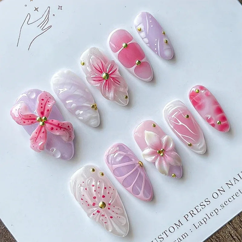 24-Piece Mid-Length Almond Yellow French Press-On Nails – 3D Flower & Pearl