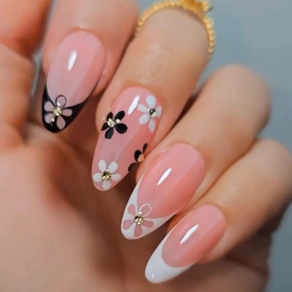 24-Piece Mid-Length Almond Yellow French Press-On Nails – 3D Flower & Pearl