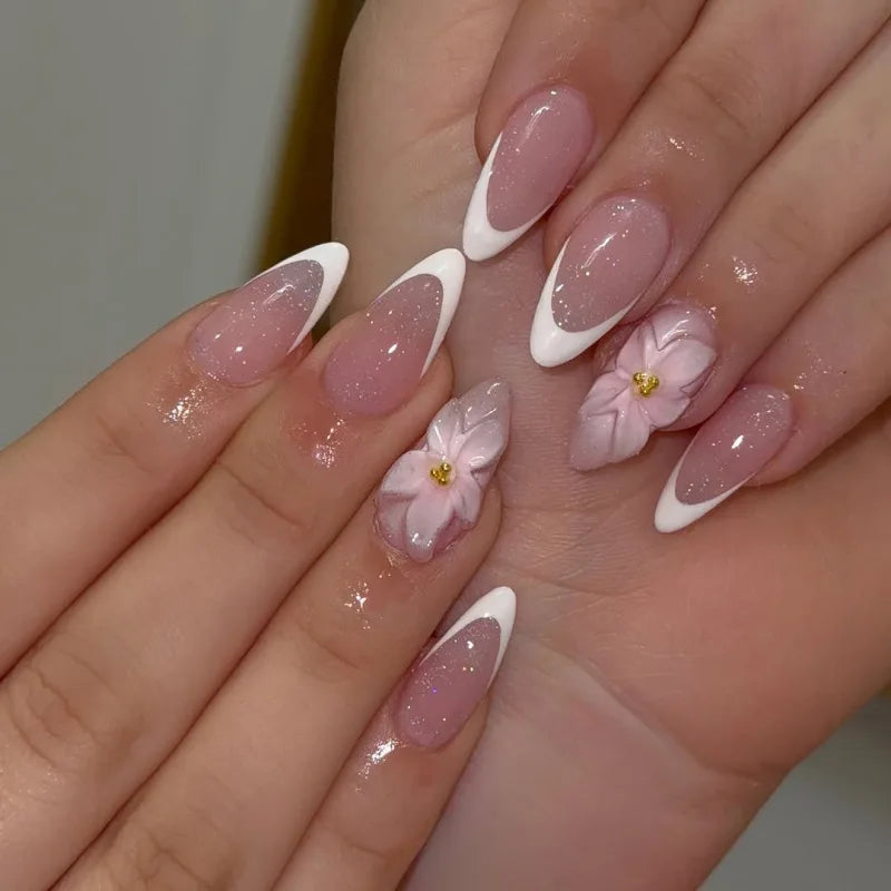 French Almond Press-On Nails-Flower & Star Design-24-Piece