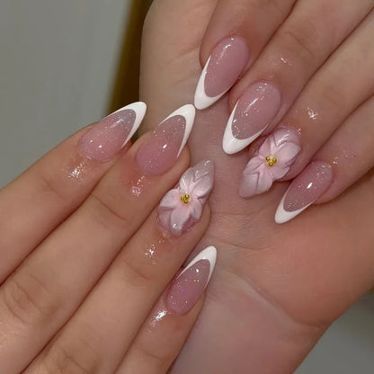 French Almond Press-On Nails-Flower & Star Design-24-Piece