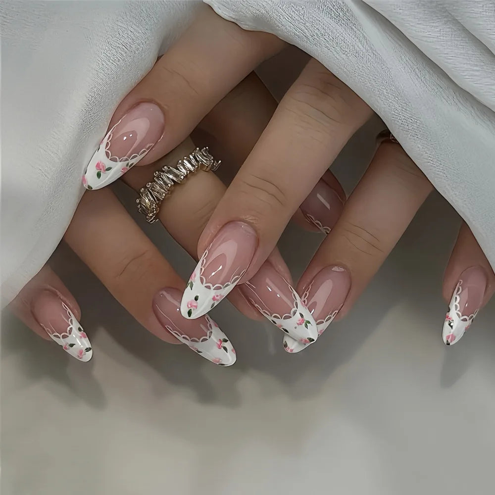 White French Lace Press-On Nails – Bow, Flower & Pearl 24-Piece