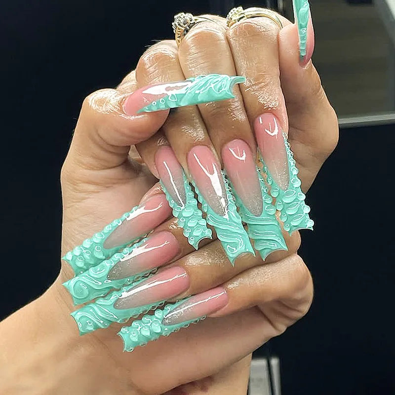 Long Square French Press-On Nails – Blue Leopard & 3D Flower 24-Piece