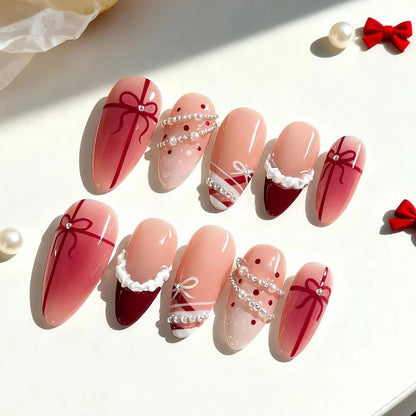 Christmas Theme - Red Glitter Leaf Press-On Nails — 24-Pieces