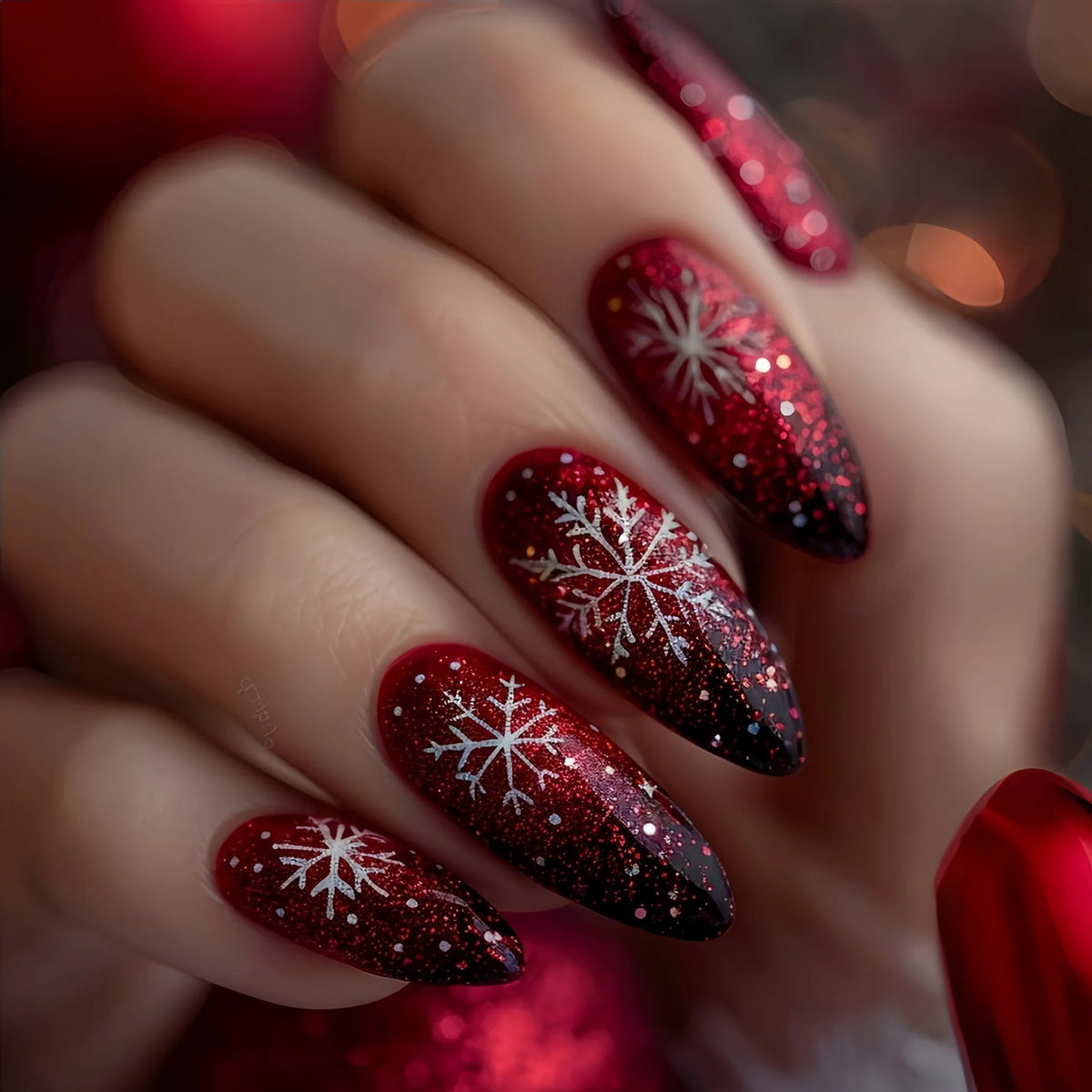 Christmas Theme - Blue Almond Snowflake Press-On Nails — 24-Pieces