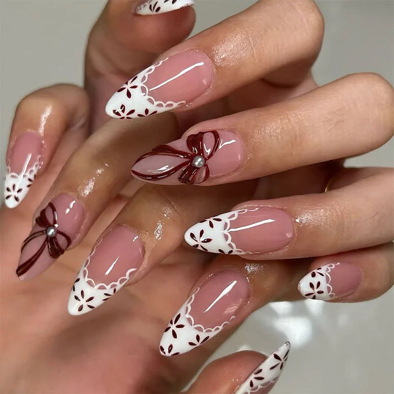 White French Lace Press-On Nails – Bow, Flower & Pearl 24-Piece