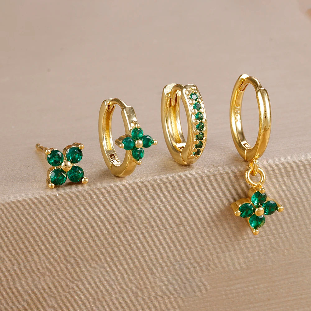 Cubic Zirconia Flower Hoop Earring Studs- 4 Piece
