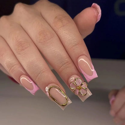 White French 3D Flower Pearl Press-On Square Nails – 24-Piece