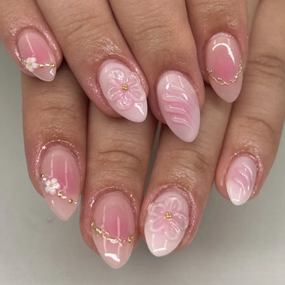 24-Piece Short Almond Pink Smudge Press-On Nails – 3D Flower & Pearl