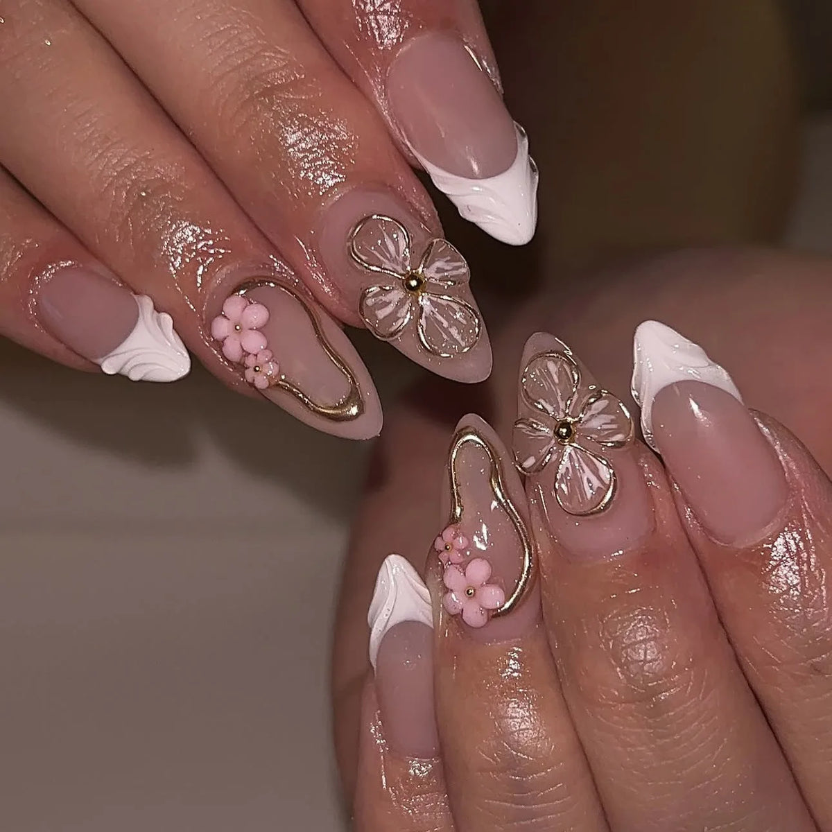 French Almond Press-On Nails-Flower & Star Design-24-Piece