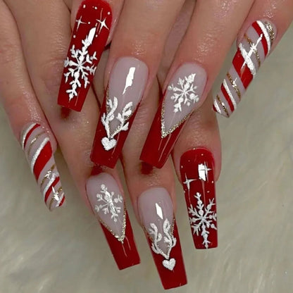 Christmas Theme - Red Glitter Leaf Press-On Nails — 24-Pieces