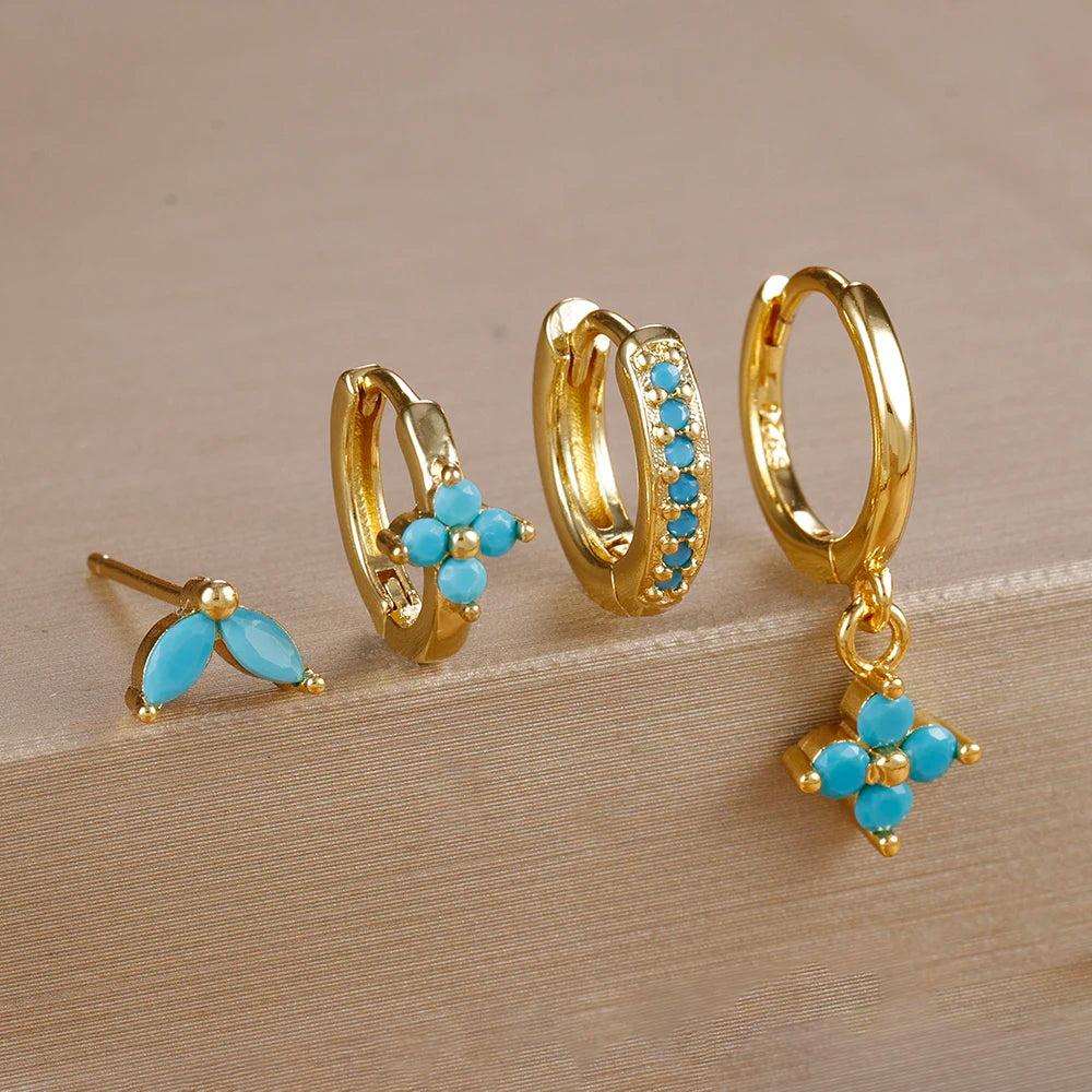 Cubic Zirconia Flower Hoop Earring Studs- 4 Piece