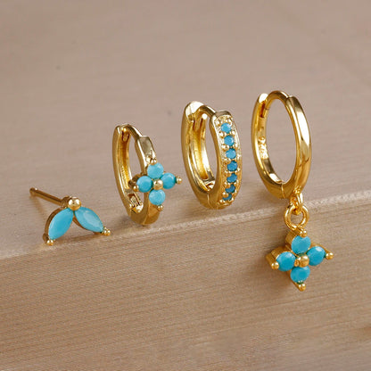 Cubic Zirconia Flower Hoop Earring Studs- 4 Piece