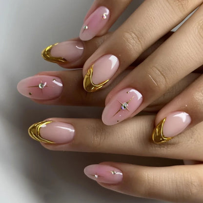 24-Piece Short Almond Pink Smudge Press-On Nails – 3D Flower & Pearl