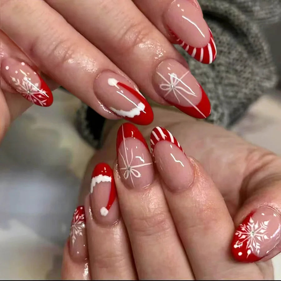 Christmas Theme - White Red Reindeer Bow Press-On Nails — 24-Pieces