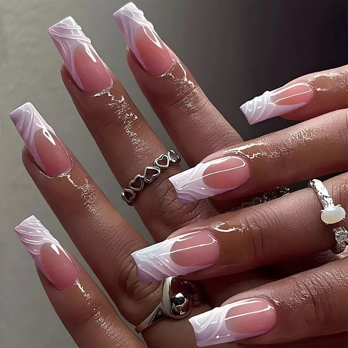 24-Piece Long Square White Edge French Press-On Nails – Full Cover
