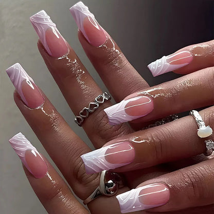24-Piece Long Square White Edge French Press-On Nails – Full Cover