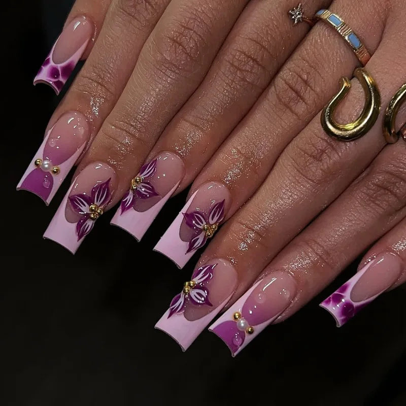 24-Piece Mid-Length Square French Press-On Nails – Leopard Print 3D Flower & Star