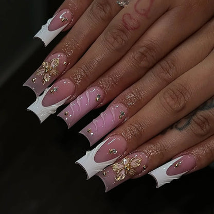24-Piece Mid-Length Square French Press-On Nails – Leopard Print 3D Flower & Star