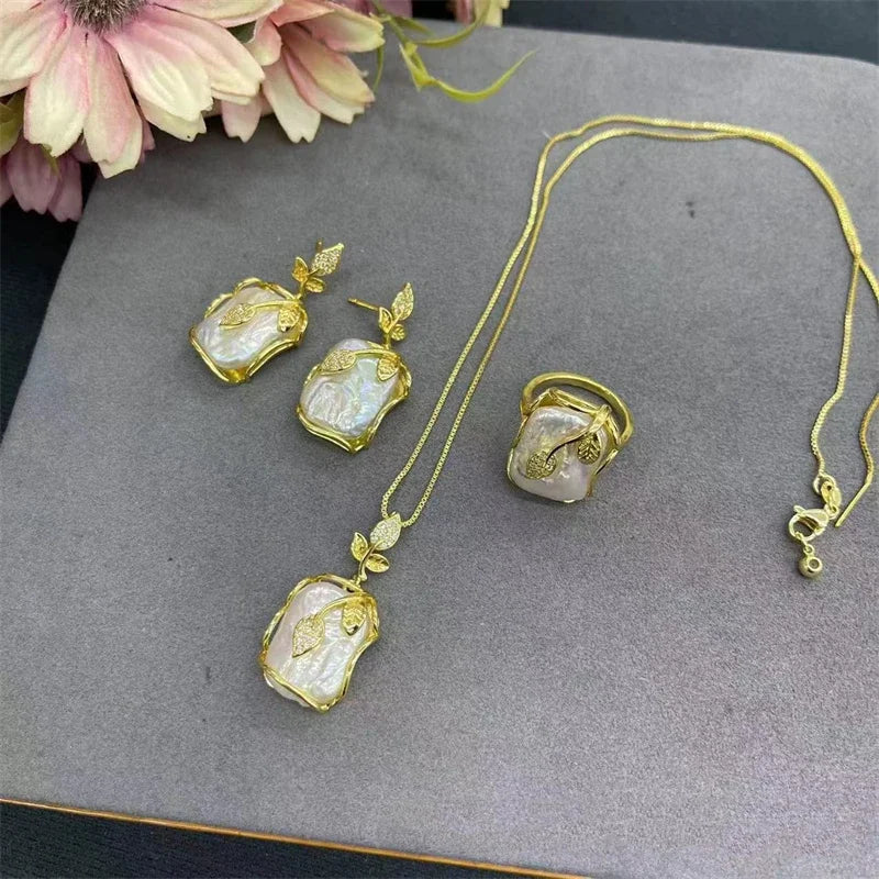 Baroque Natural Freshwater Pearl Rose Leaf Jewelry Set