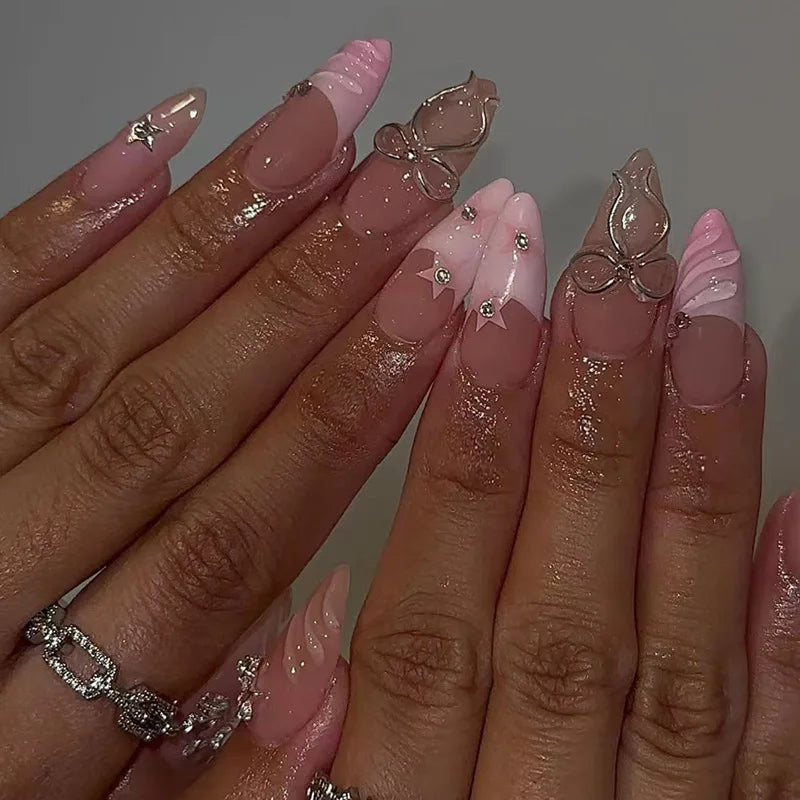 French Almond Press-On Nails-Flower & Star Design-24-Piece