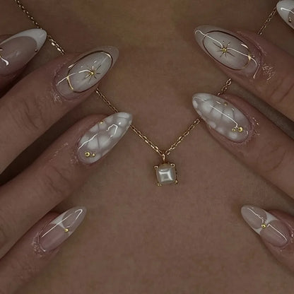 24-Piece Short Almond Pink Smudge Press-On Nails – 3D Flower & Pearl