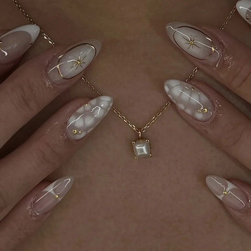 24-Piece Short Almond Pink Smudge Press-On Nails – 3D Flower & Pearl