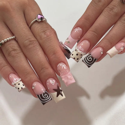 24-Piece Mid-Length Square French Press-On Nails – Leopard Print 3D Flower & Star