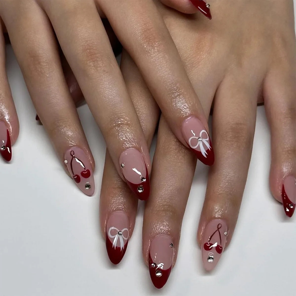 24-Piece Short Almond Pink Smudge Press-On Nails – 3D Flower & Pearl