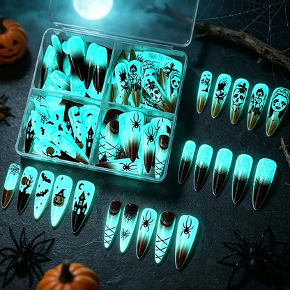 Halloween Theme - Glow-in-the-Dark Ghost Pumpkin Skull Press-On Nails 96-Piece box