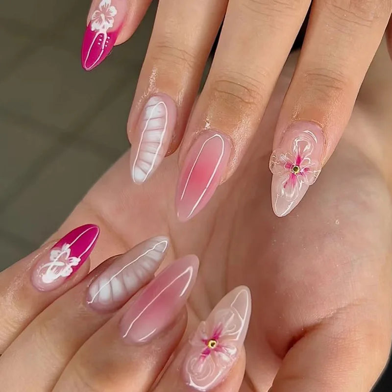 French Almond Press-On Nails-Flower & Star Design-24-Piece