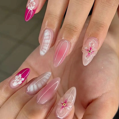 French Almond Press-On Nails-Flower & Star Design-24-Piece