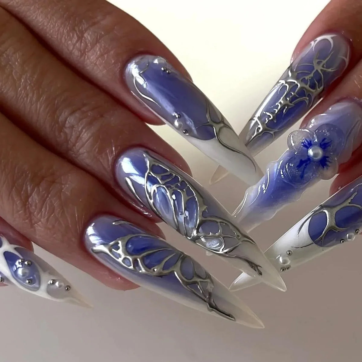 Black Gradient French Stiletto Press-On Nails with Rhinestones 24-Piece