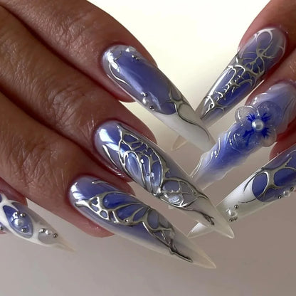 Black Gradient French Stiletto Press-On Nails with Rhinestones 24-Piece