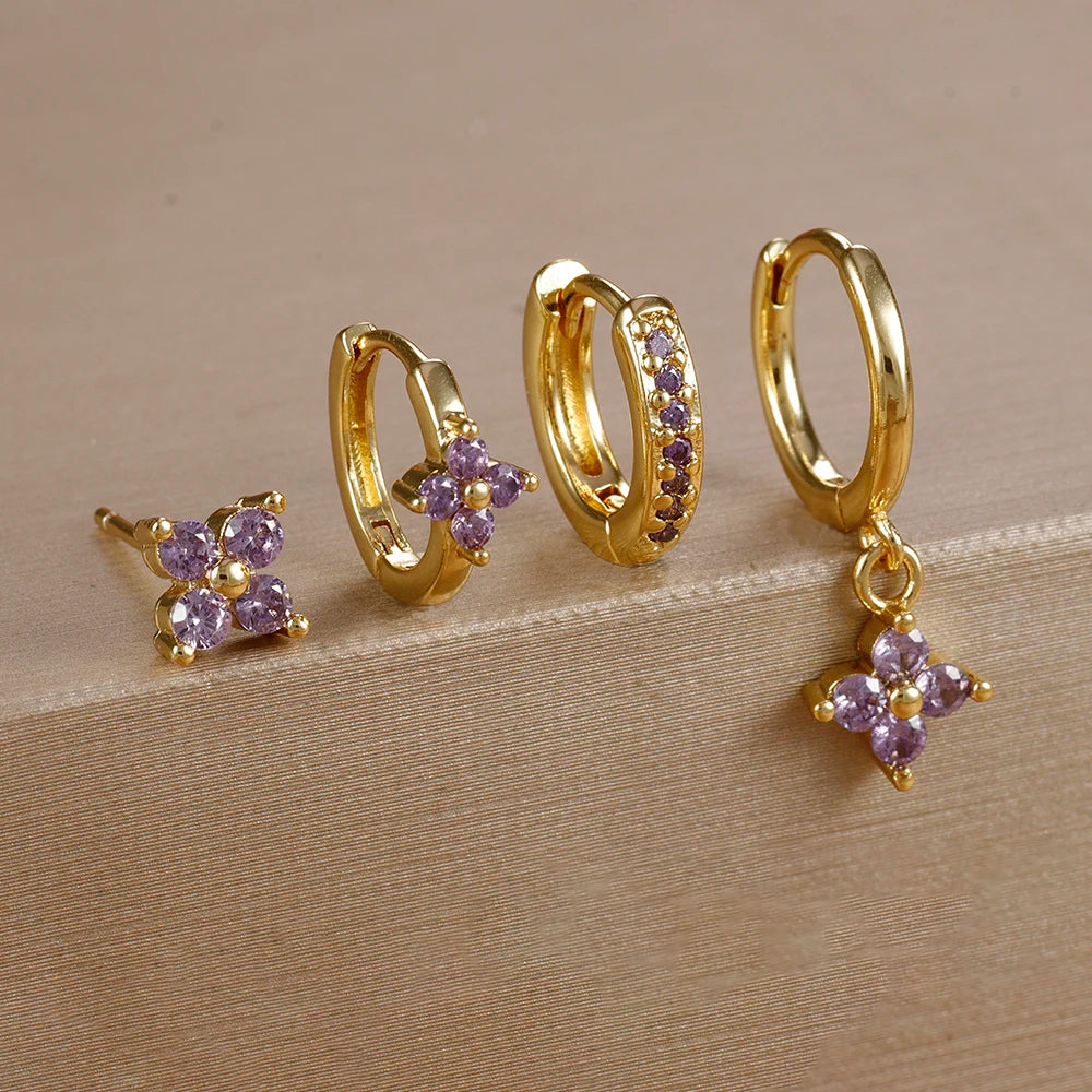 Cubic Zirconia Flower Hoop Earring Studs- 4 Piece