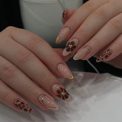 24-Piece Short Almond Pink Smudge Press-On Nails – 3D Flower & Pearl