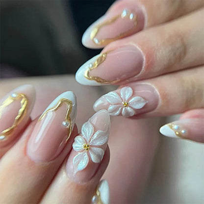 24-Piece Mid-Length Almond Yellow French Press-On Nails – 3D Flower & Pearl