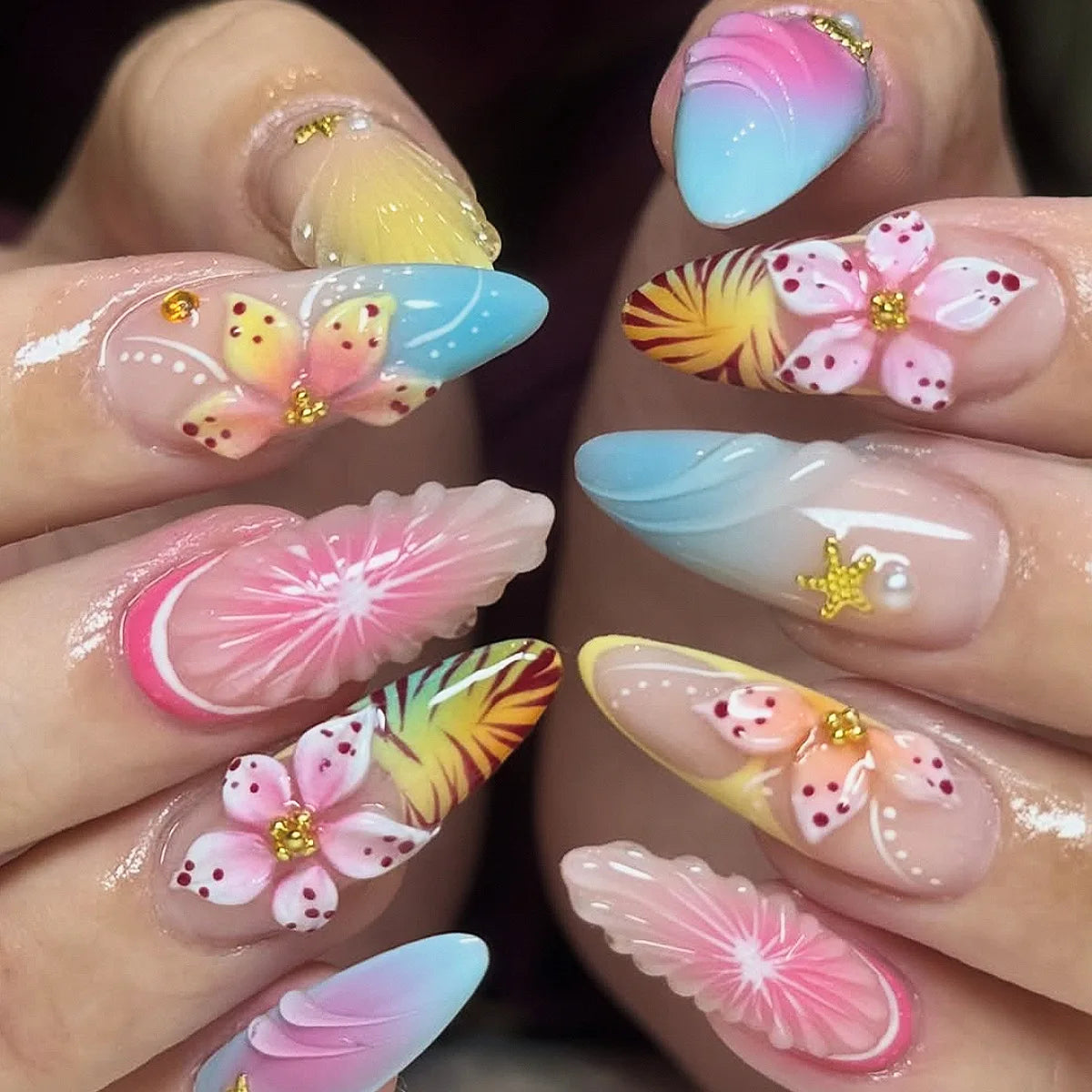 24-Piece Mid-Length Almond French Press-On Nails – Colorful Flower, Crab & Starfish