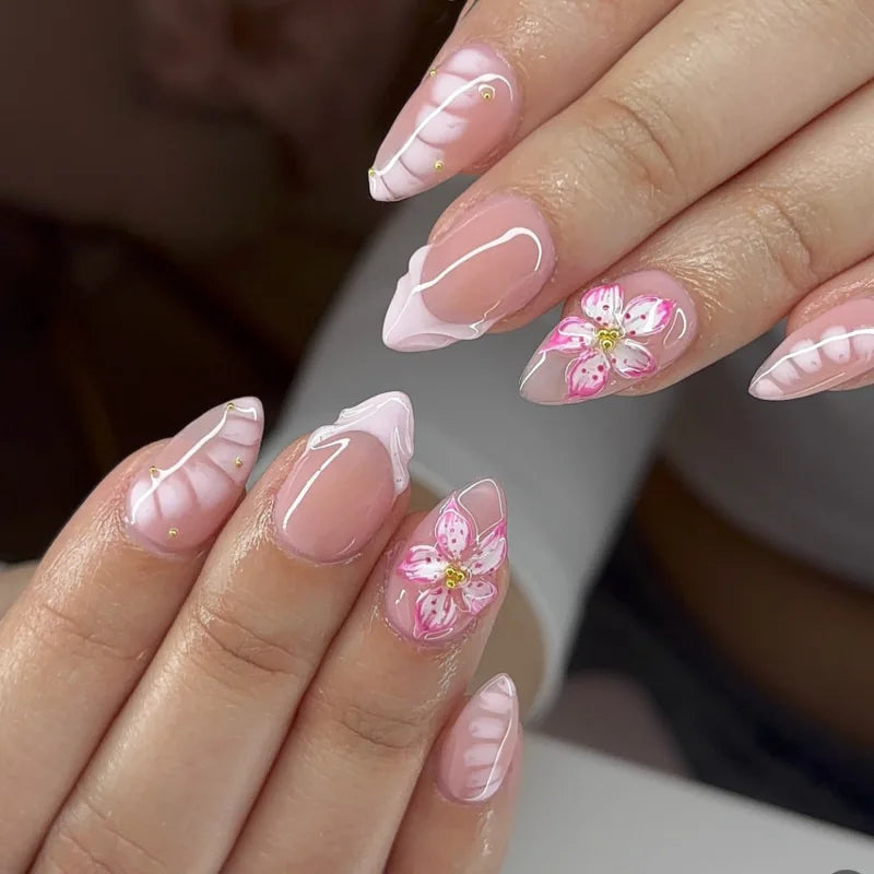 24-Piece Short Almond Pink Smudge Press-On Nails – 3D Flower & Pearl