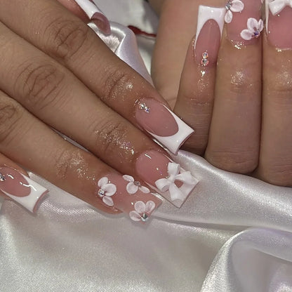 24-Piece Mid-Length Square French Press-On Nails – Leopard Print 3D Flower & Star